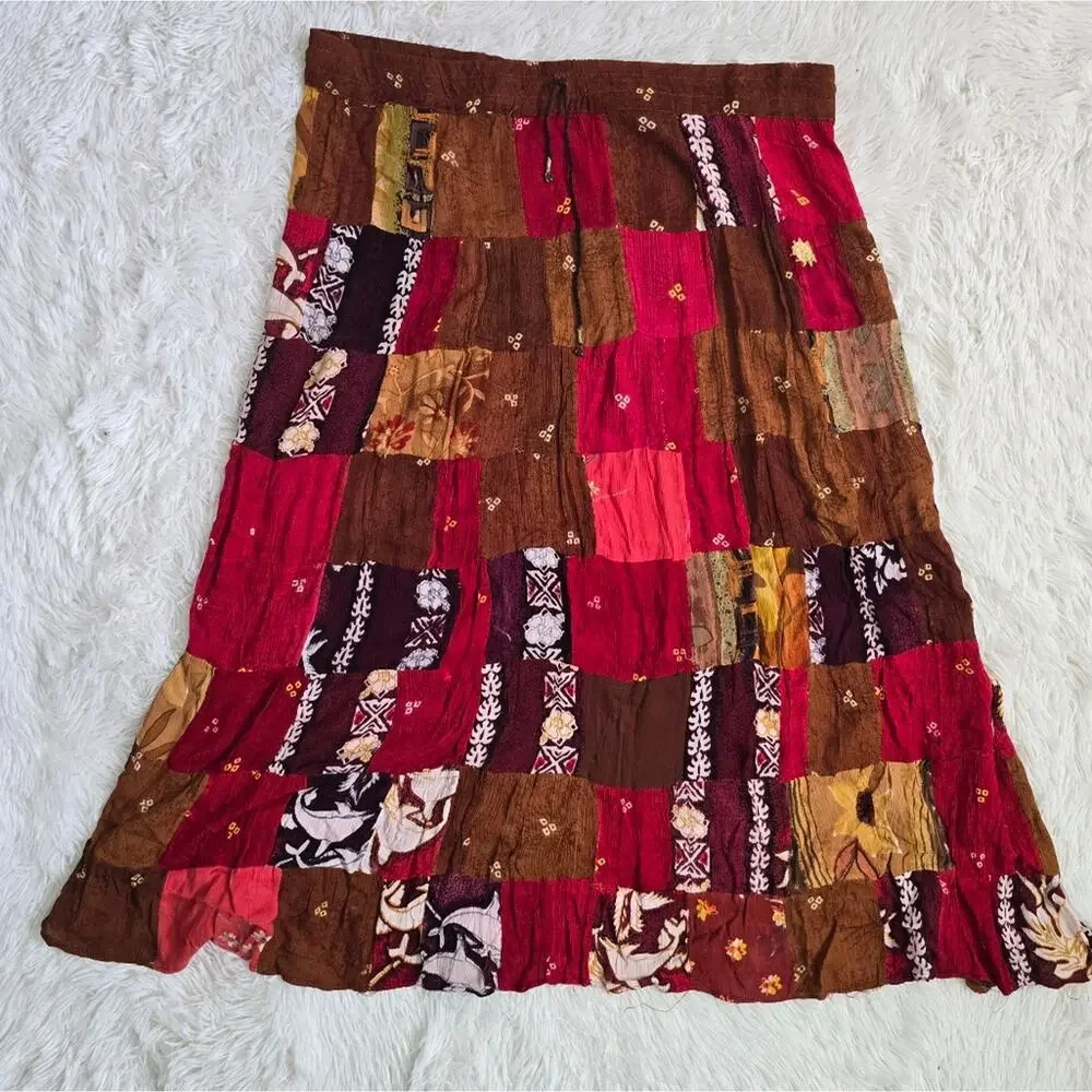 Boho Chic Patchwork Cottage Style Brown And Pink Maxi Skirt - Picture 12 of 12